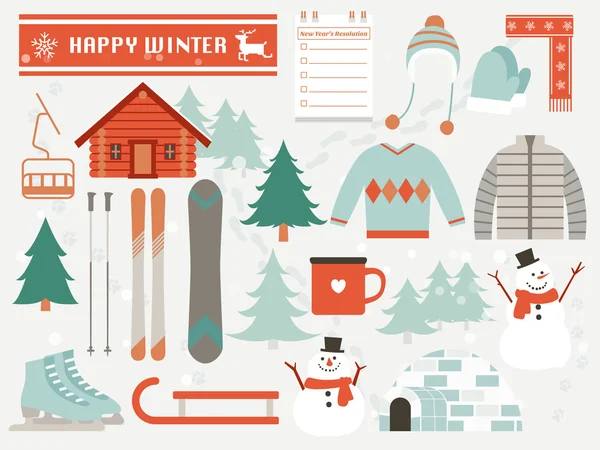 Éléments d'hiver heureux, design plat — Image vectorielle