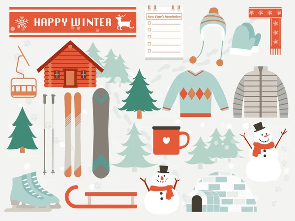 Happy winter elementen, platte ontwerp Stockillustratie