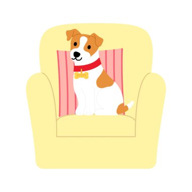 Jack Russell sarı bir koltukta oturuyor. Sevimli çizgi film çizimleri.