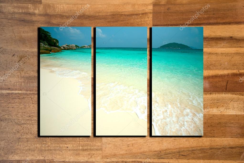 Seascape photo collage frame on wooden background — Stock Photo