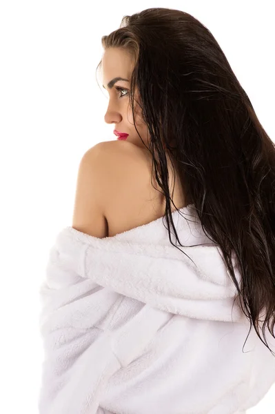 Profile face elegant woman in white bathrobe — Stock Photo, Image