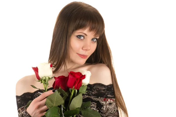 Attractive girl with bouquet roses — Stock Photo, Image