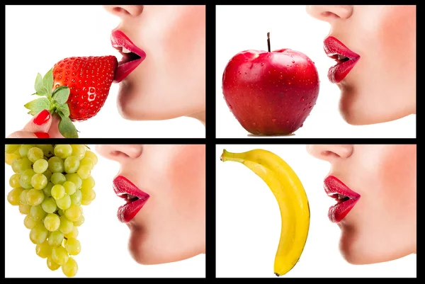 Коллаж с красными губами и фруктами, изолированные на белом — стоковое фото