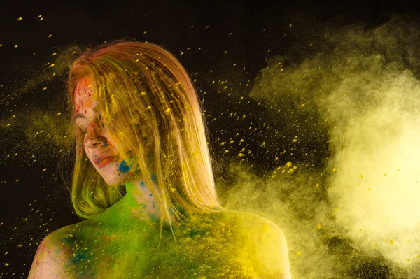 Fashion blond woman in colors Holi — Stock Photo, Image