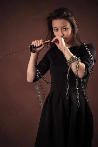 Brutal korean girl with sword — Stock Photo, Image