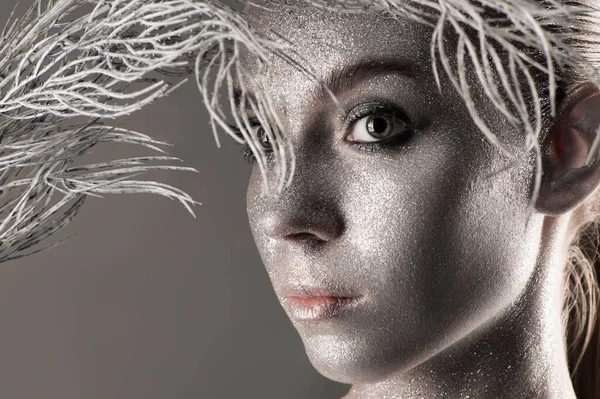 Beautiful Woman Face Silver Powder Closeup — Stock Photo, Image