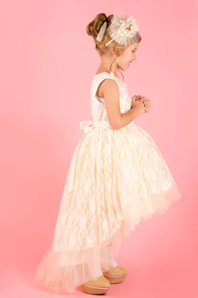 Little Princess White Dress Isolated Pink Background — Stock Photo, Image