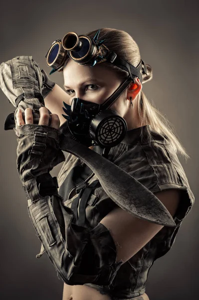 Portrait Beautiful Woman War Kukri Hands Mask Cyberpunk Style — Stock Photo, Image