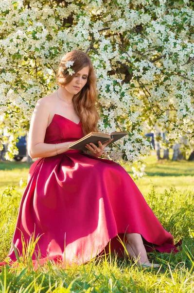 Piękna Kobieta Luksusowej Czerwonej Sukience Czyta Książkę Zewnątrz — Zdjęcie stockowe