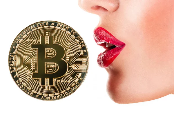 Γυναικεία Χείλη Bitcoin Closeup — Φωτογραφία Αρχείου