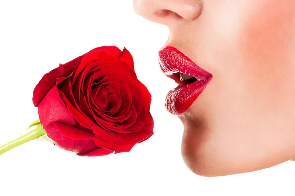 Sexy woman smelling flower, sensual red lips — Stock Photo, Image