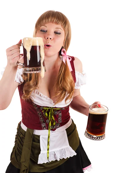 Oktoberfest kız bira köpükle darbeler — Stok fotoğraf