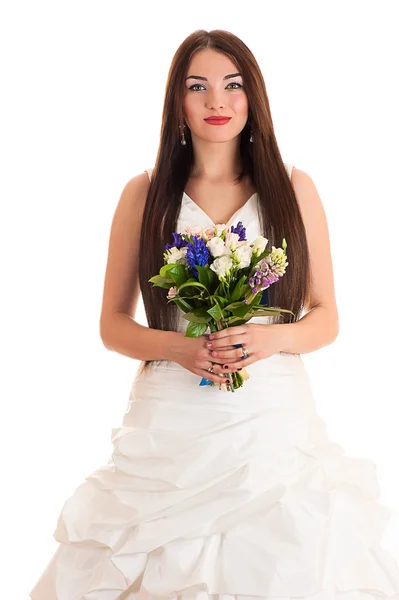 Szép, mosolygós nő egy esküvői ruha — Stock Fotó