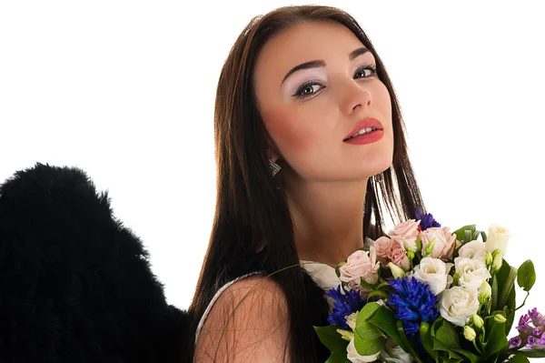 Portrait of a beautiful woman with black wings — Stock Photo, Image