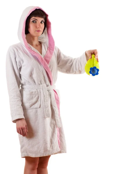 Mujer atractiva en pijama con una regadera en la mano — Foto de Stock