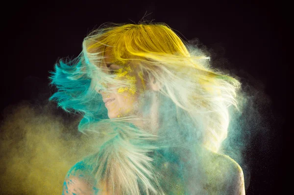 Beautiful blond in holi colors — Stock Photo, Image