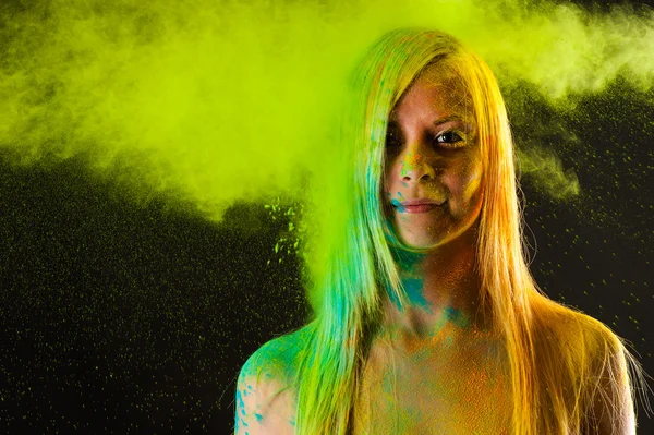 Attractive woman in green colors Holi — Stock Photo, Image
