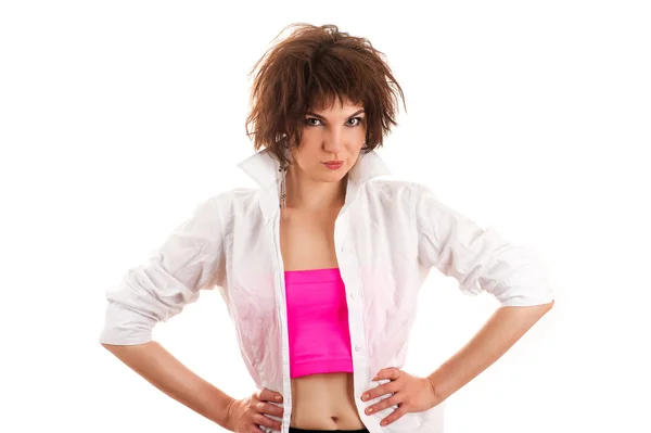 Mooie modieuze vrouw in een man shirt — Stockfoto