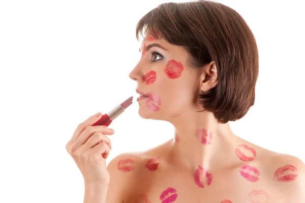 Fashion woman with lipstick in hand kissing — Stock Photo, Image