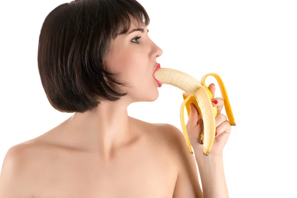 Donna sexy mangiare banana — Foto Stock