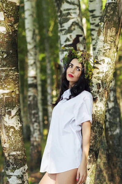 Beautiful luxury woman in shirt standing near the birches — Stock Photo, Image