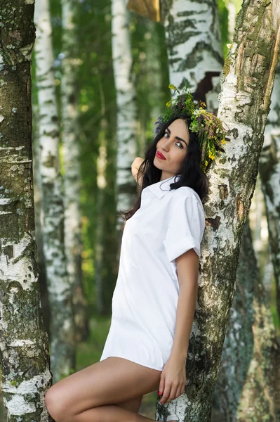 Luxusfrau im Hemd steht neben den Birken — Stockfoto