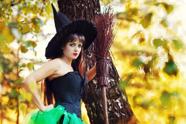 Woman with a broom in hand and a witches hat — Stock Photo, Image