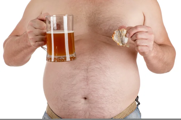Man with a big belly with beer in hand — Stock Photo, Image