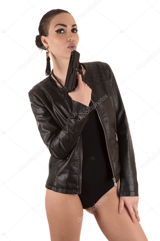 woman in bodysuit with gun in hand