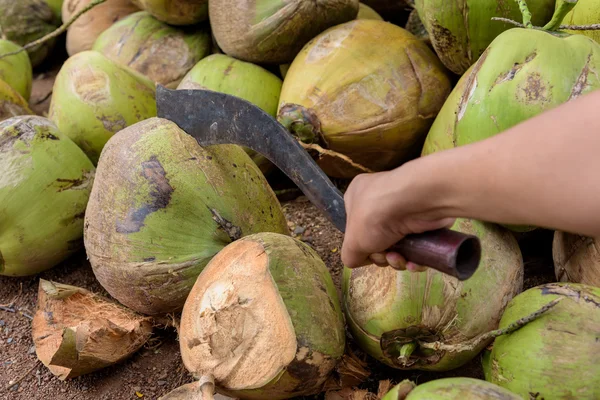 Hombre usando cuchillo para cortar coco para cocinar . —  Fotos de Stock