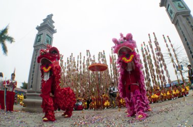 Onların renkli ejderha üzerinde 04 Mayıs 2013 Nam Dinh, Vietnam ile tanımlanamayan dansçı bir grup.