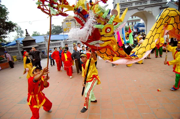 2013 년 5 월 4 일 남 Dinh, 베트남에서에 그들의 화려한 용과 함께 미확인된 댄서의 그룹. — 스톡 사진