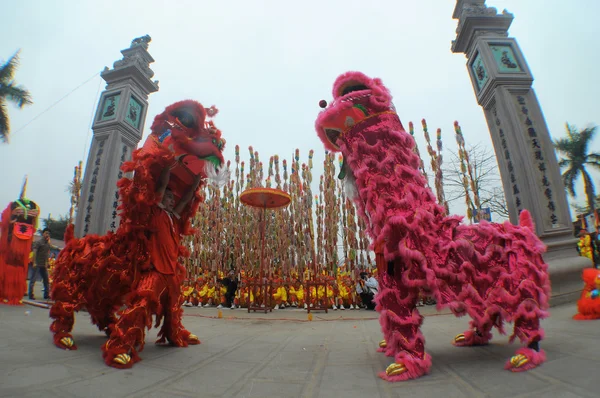 Um grupo de dançarinos não identificados com seu dragão colorido em 04 de maio de 2013 em Nam Dinh, Vietnã . — Fotografia de Stock