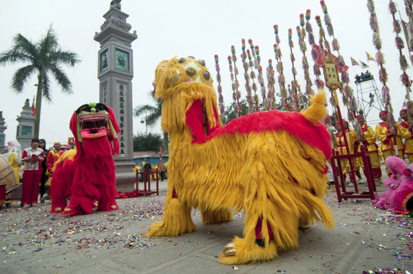 Um grupo de dançarinos não identificados com seu dragão colorido em 04 de maio de 2013 em Nam Dinh, Vietnã . — Fotografia de Stock