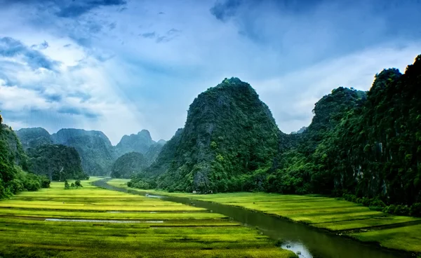 Ngodong folyó gondolta rizsföldek Ninh Binh, Vietnam. — Stock Fotó