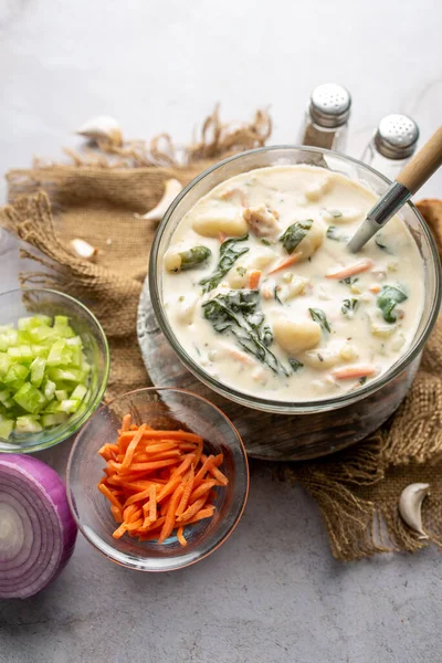 Chicken Gnocchi Soup Chicken Spinach Cream Soup Italian Traditional — Stock Photo, Image