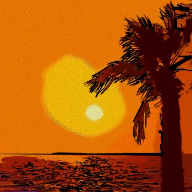 Günbatımı ve yansımaları Palm'da ile tropikal plaj