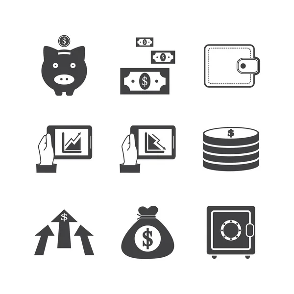 Ilustración del conjunto de iconos de finanzas y dinero en blanco y negro — Vector de stock