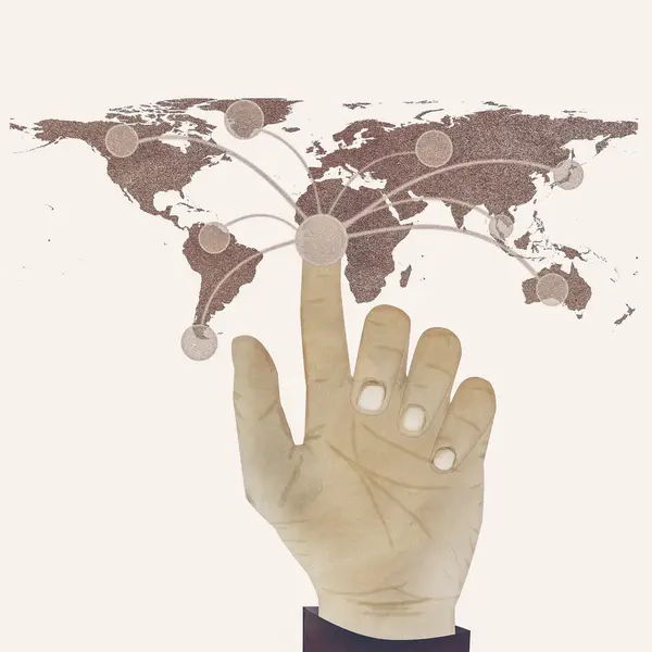 Pappersstruktur, hand digital knapptryckning på världskartan på whit — Stockfoto