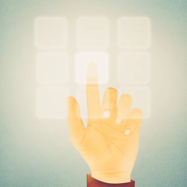 Paper texture ,Hand gesture pushing button on touch screen — Stock Photo, Image