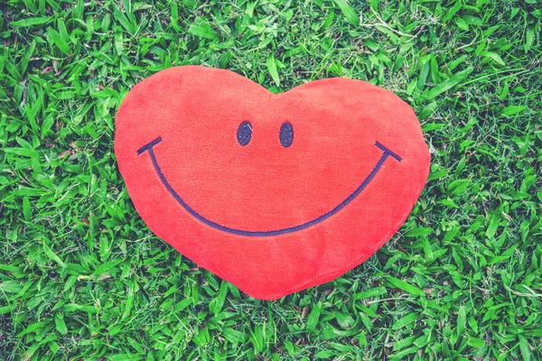 Big love heart shape pillow on green grass (Vintage filter effec — Stock Photo, Image