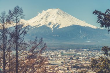 Japonya'da kırmızı pagoda görünümünden Fuji Dağı