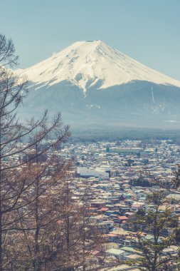 Japonya'da kırmızı pagoda görünümünden Fuji Dağı