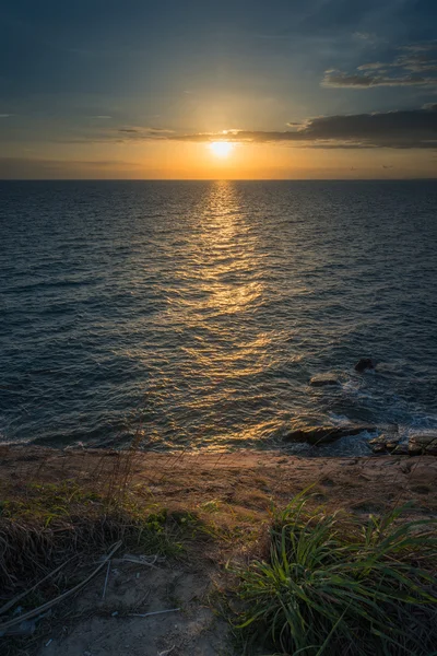 Coucher de soleil paysage marin et herbe — Photo