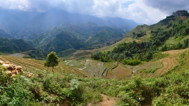 Sa Pa yakınlarındaki dağlardaki pirinç teraslarının geniş panoramik manzarası dağ sıralarının üzerindeki bulutlar. Vietnam. 