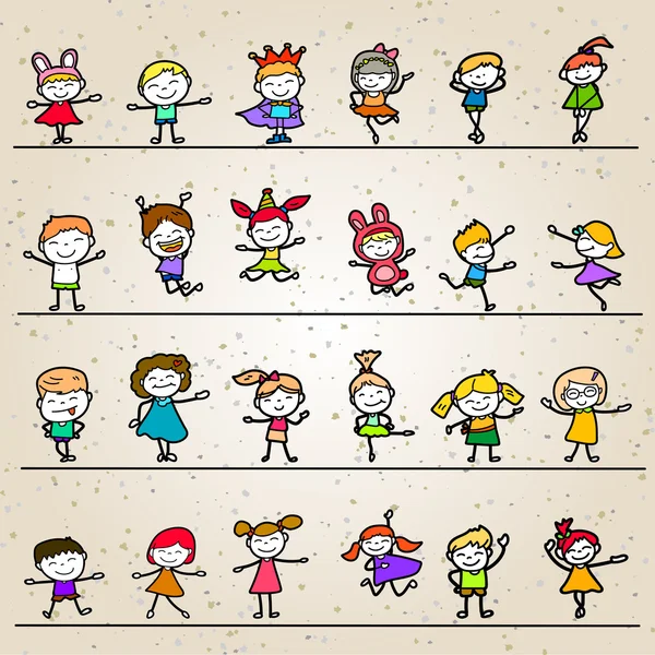 Sada obarvení ruční kreslení kreslené šťastné děti — Stockový vektor