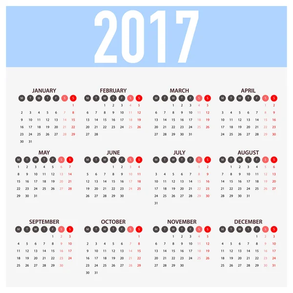 Calendrier 2017 sur fond blanc. La semaine commence le lundi — Image vectorielle