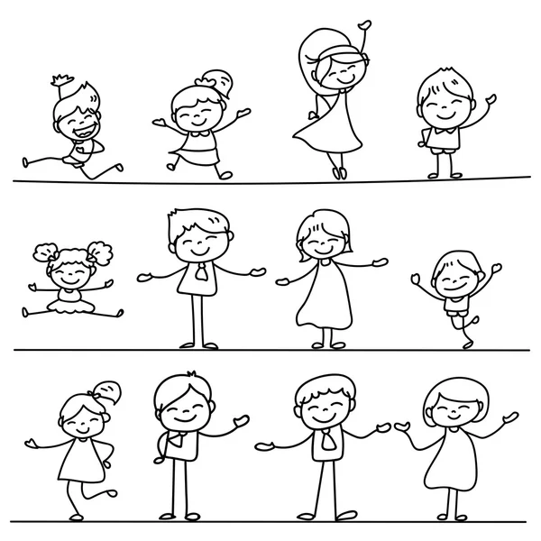 Conjunto de desenho à mão desenhos animados pessoas felizes — Vetor de Stock