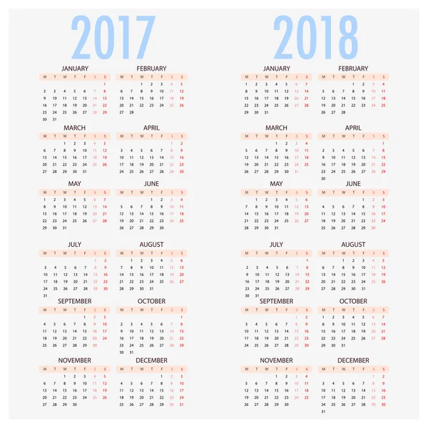 Englischer Kalender für die Jahre 2017 und 2018 — Stockvektor