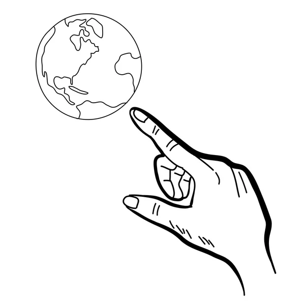 Hand zeichnet Hand zeigt Globus — Stockvektor